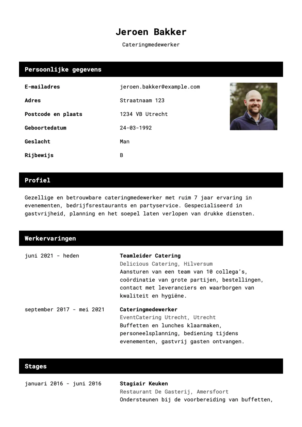 CV voorbeeld Cateringmedewerker