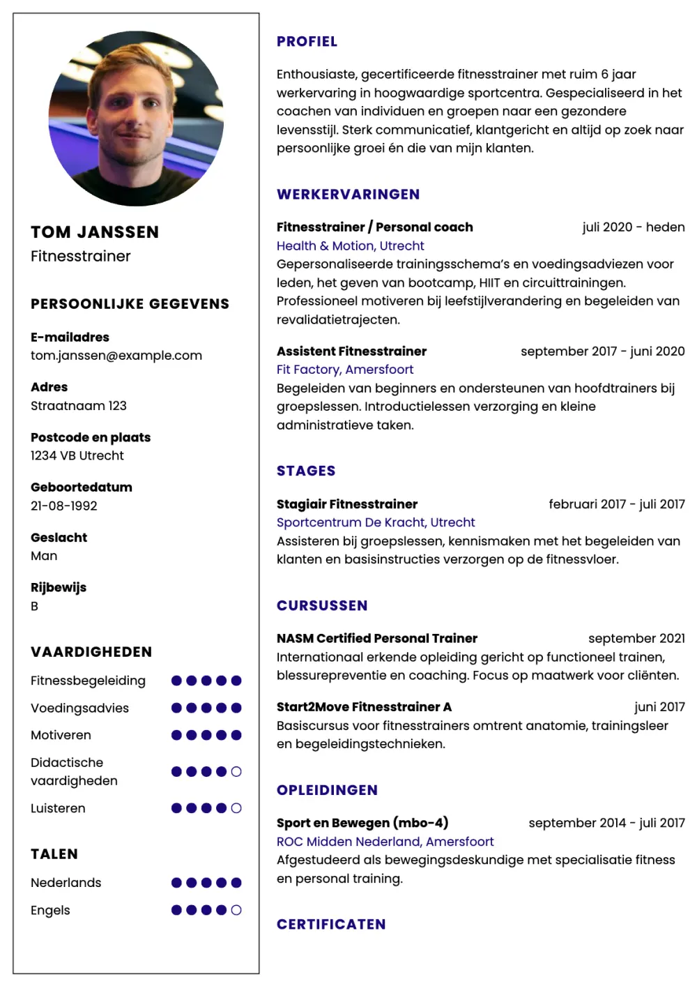 CV voorbeeld Fitnesstrainer