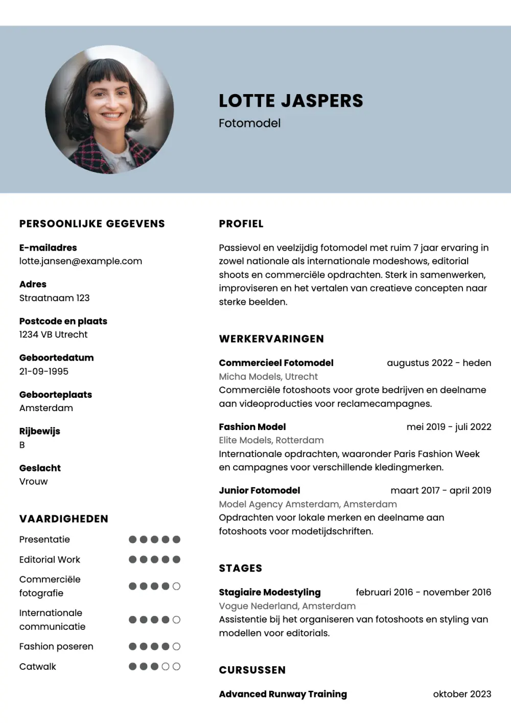 CV voorbeeld Fotomodel