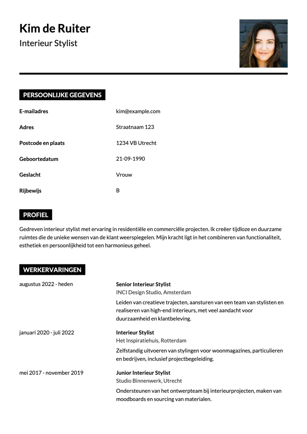 CV voorbeeld Interieur Stylist