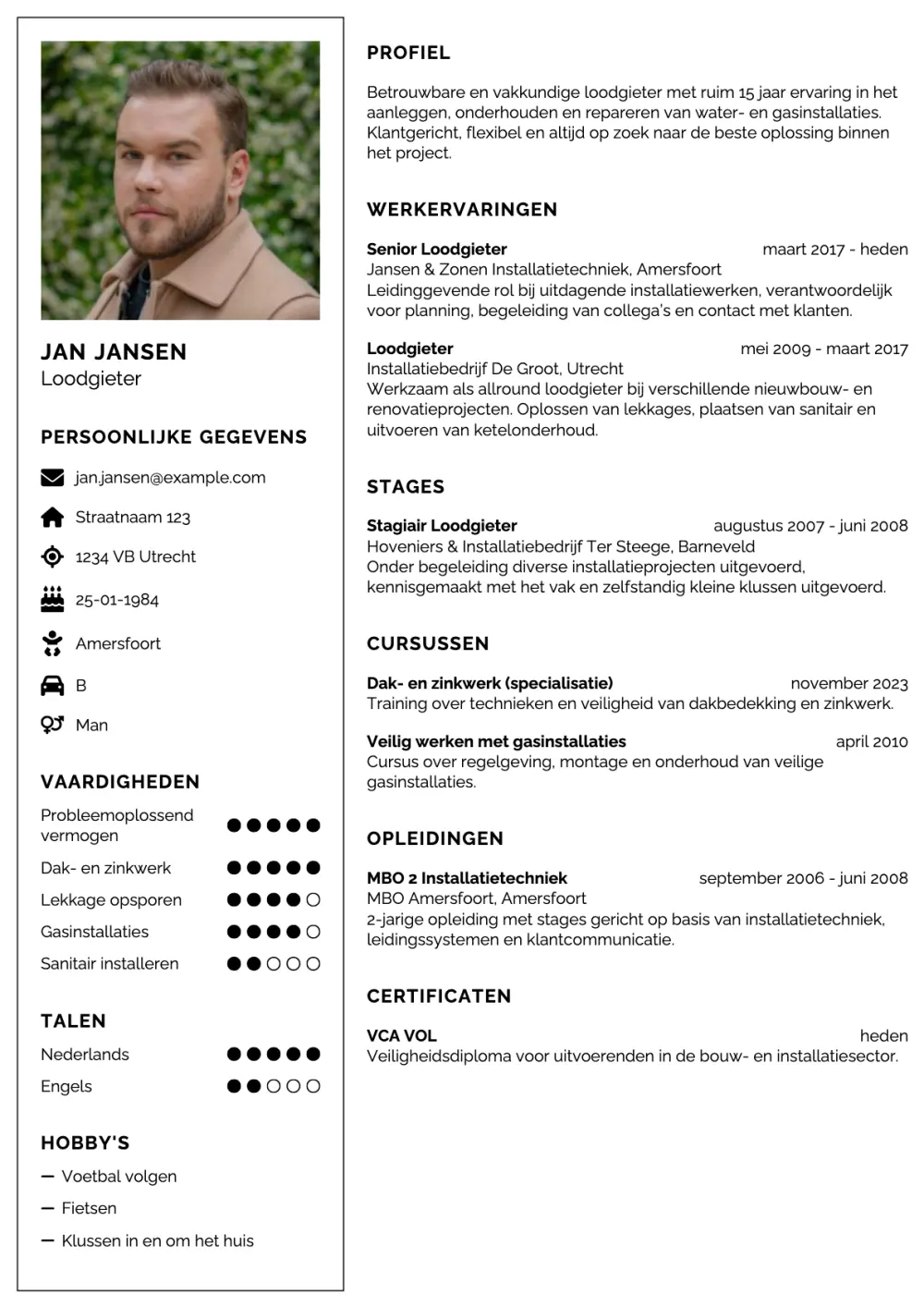 CV voorbeeld Loodgieter