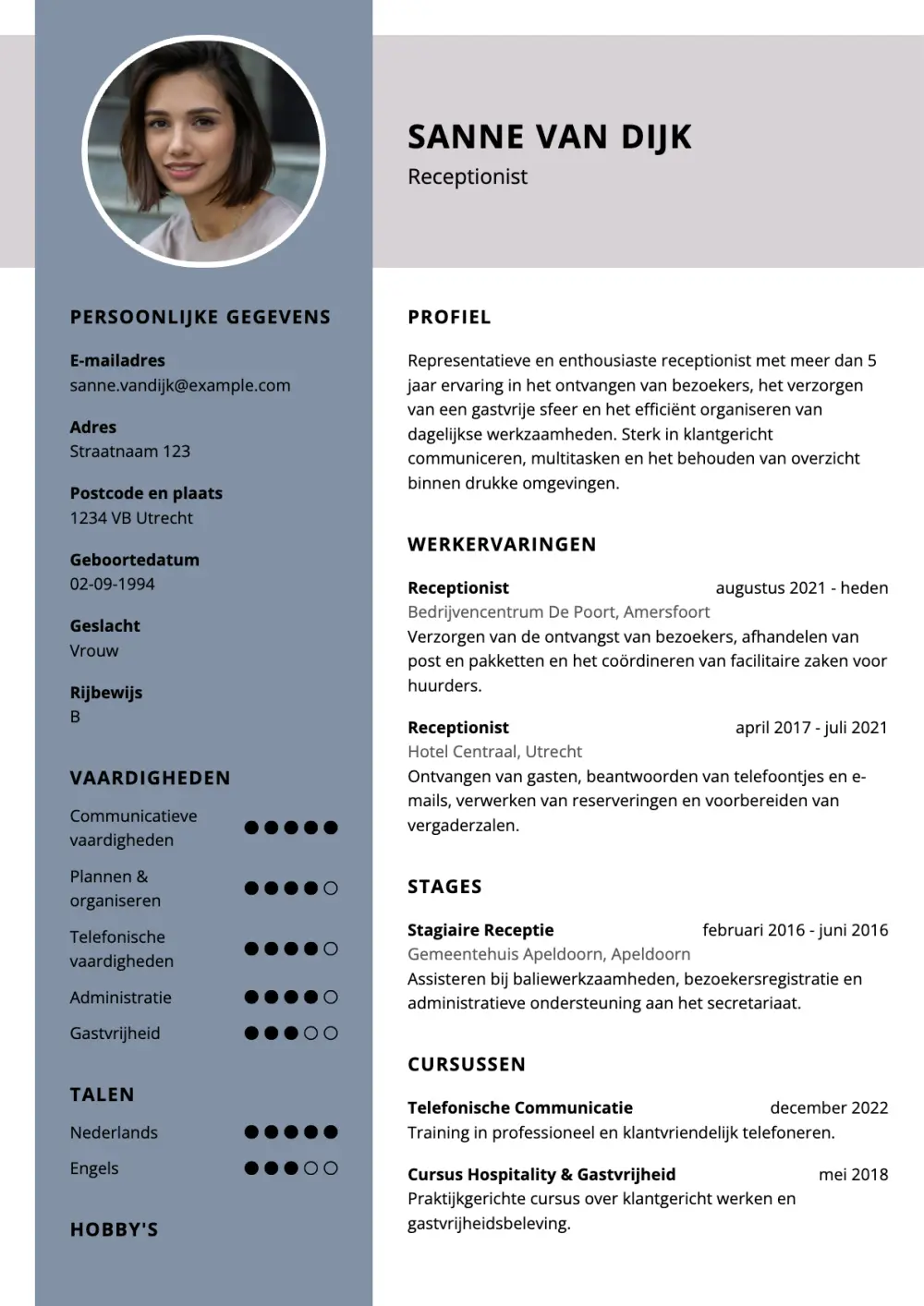 CV voorbeeld Receptionist