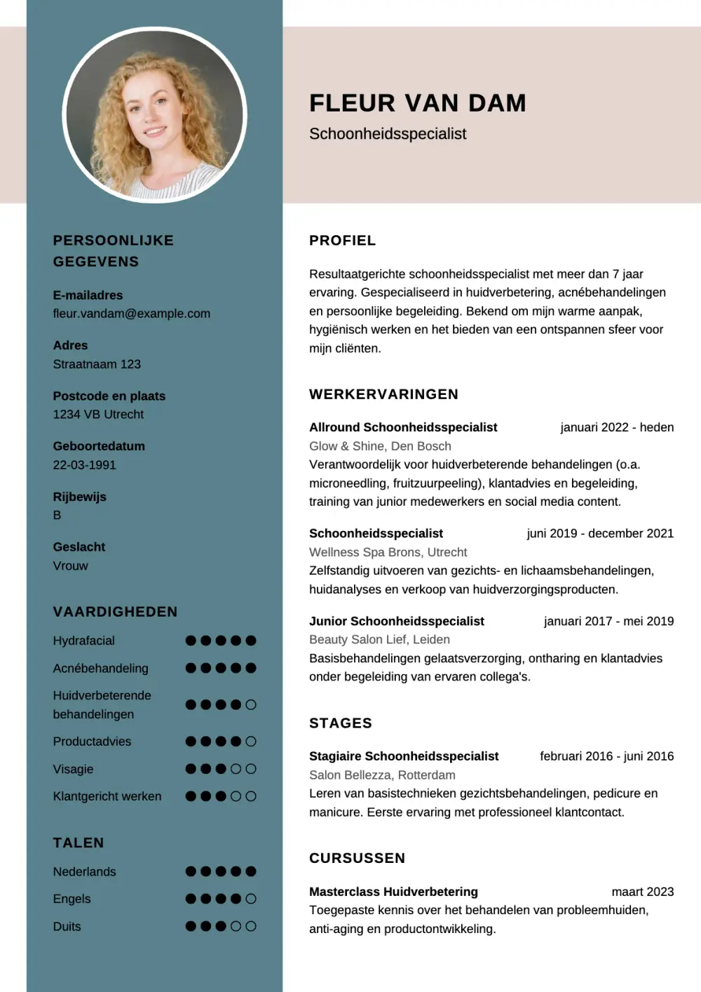 CV voorbeeld Schoonheidsspecialist
