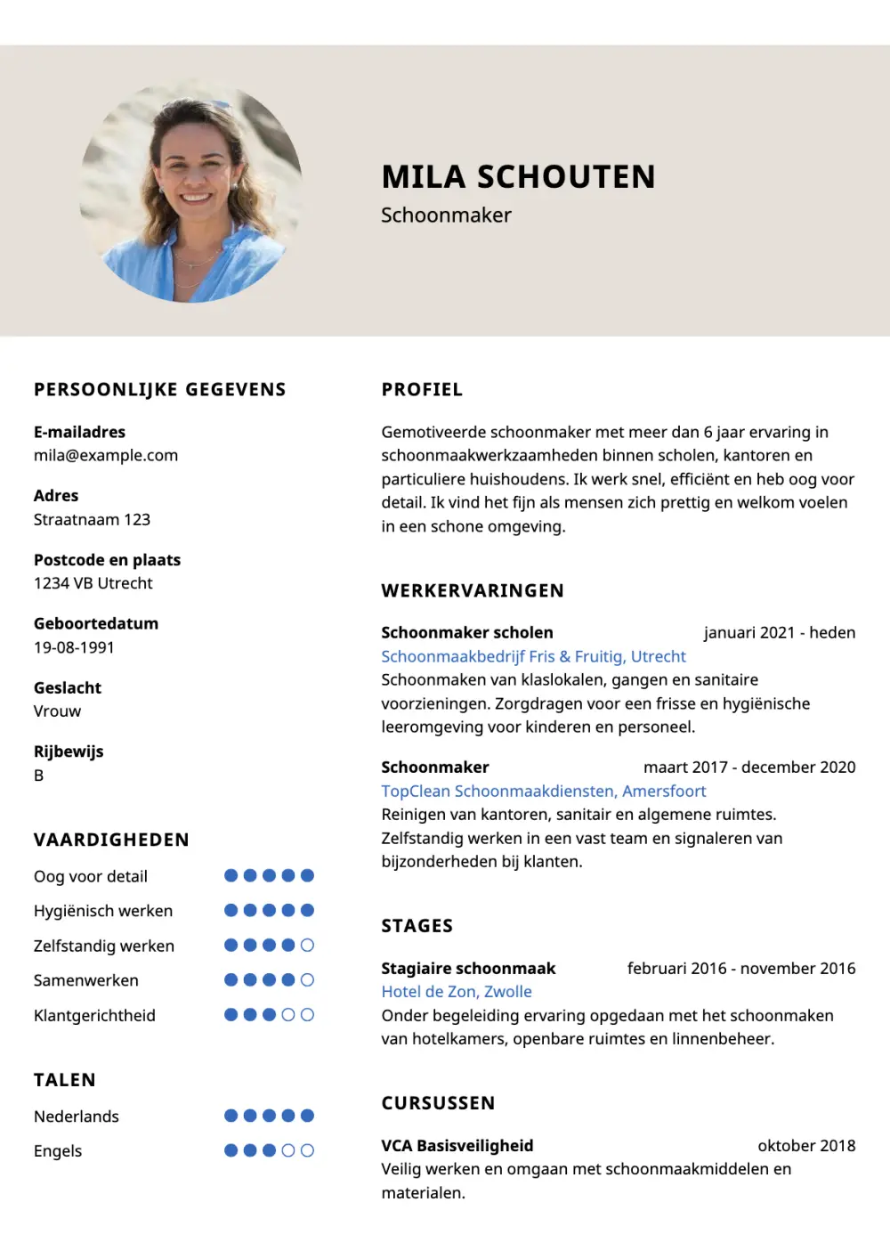 CV voorbeeld Schoonmaker