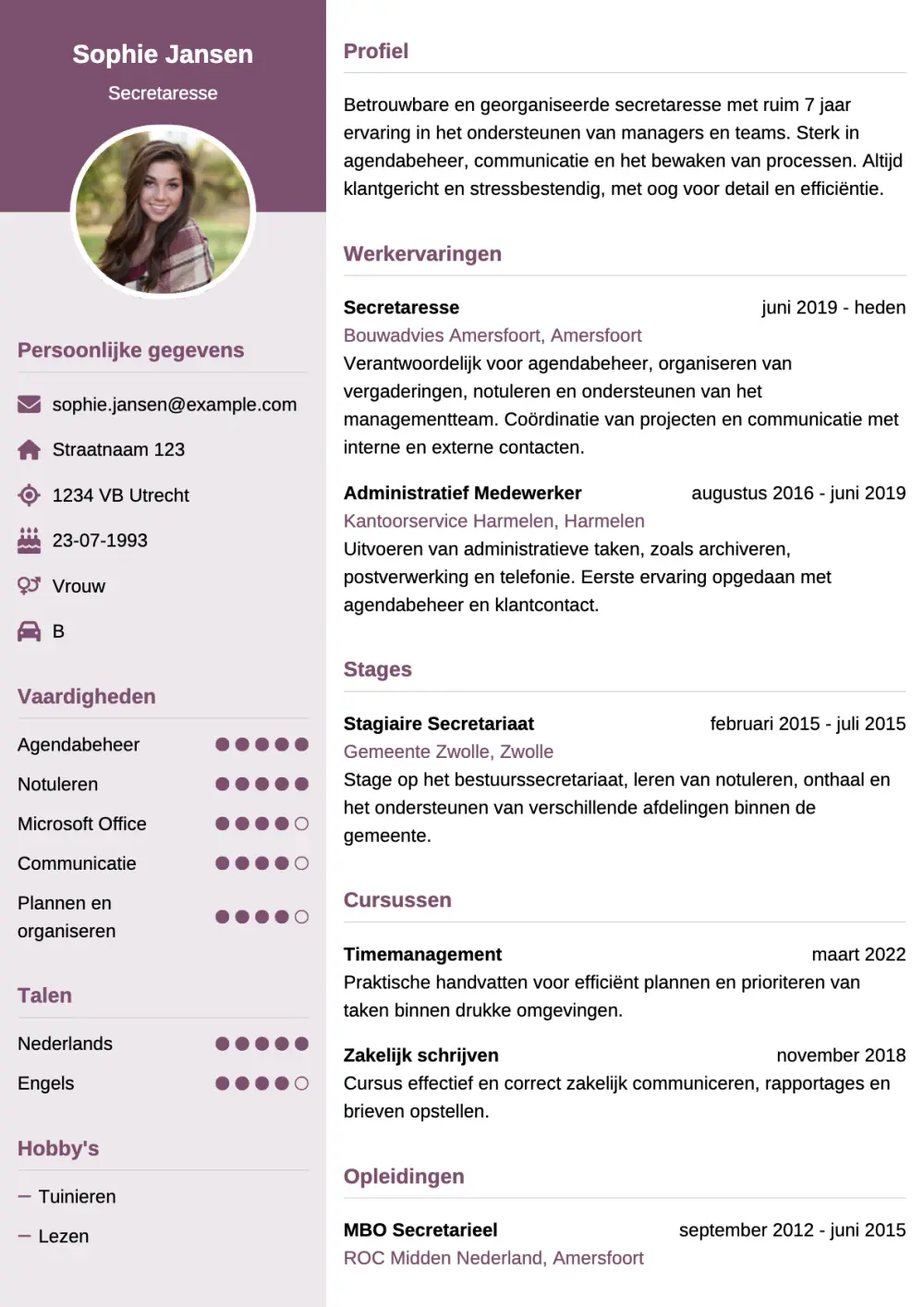 CV voorbeeld Secretaresse