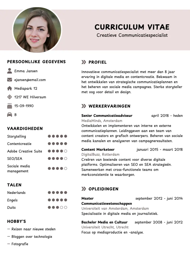 Voorbeeld van het Elegant Zachtroze cv-template