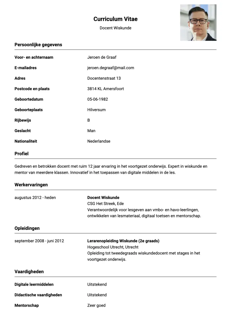 Voorbeeld van het Simpel Licht cv-template